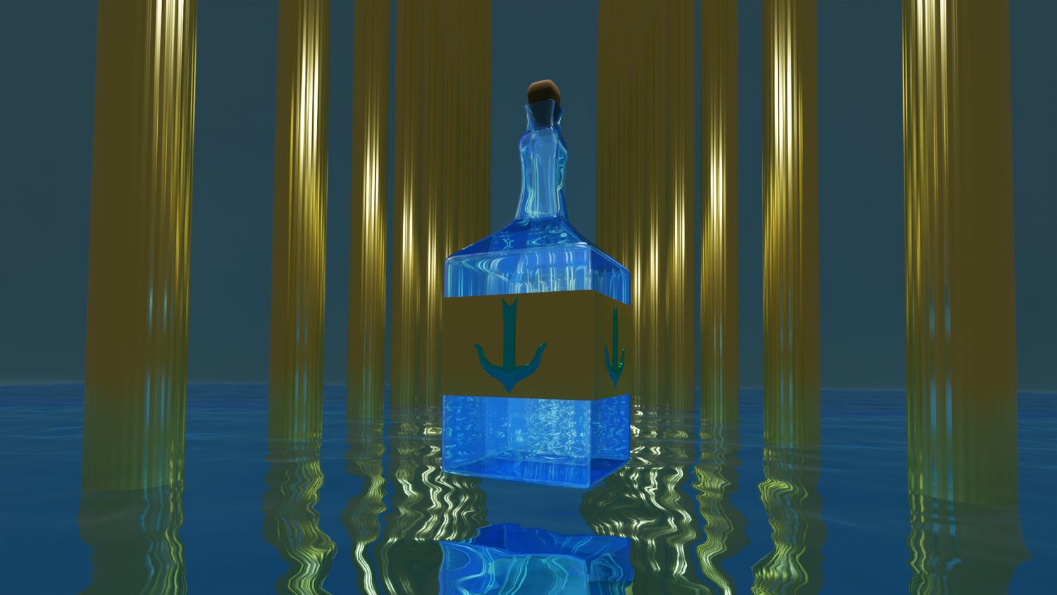 Blue glass bottle among gold columns, reflected in rippling water
