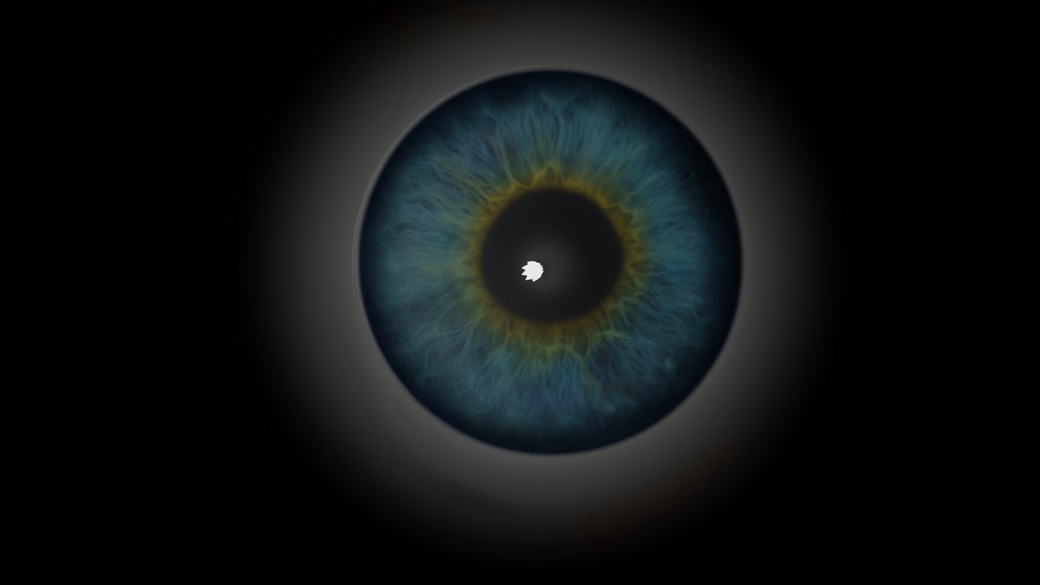 Close render of a blue-green human iris against black