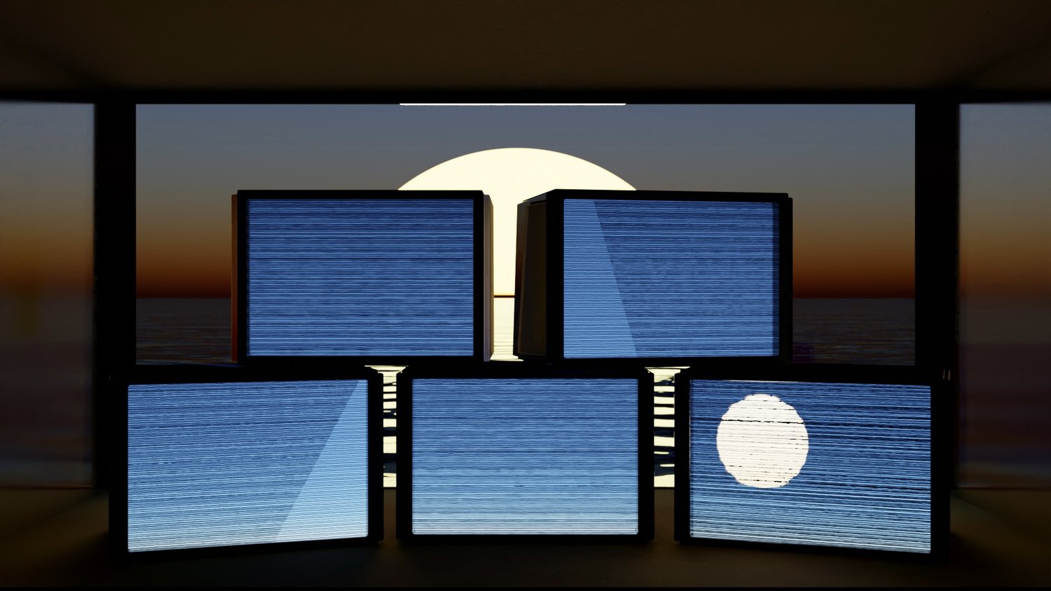 A stack of monitors showing the sea, backlit by a low sun through a window